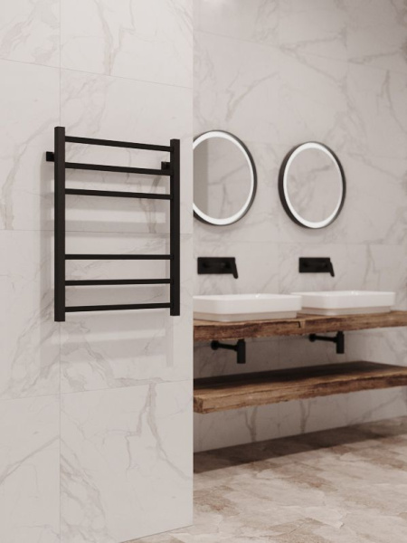 Полотенцесушитель водяной Stinox Quatro 500x700, нижнее подключение, черный матовый, 1/2" ВР (внутренняя резьба), 6 перекладин