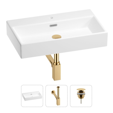 Раковина для ванной Wellsee Graceful Pro 201001358 в наборе 3 в 1: прямоугольная раковина белого глянцевого цвета, сифон, донный клапан в цвете золото