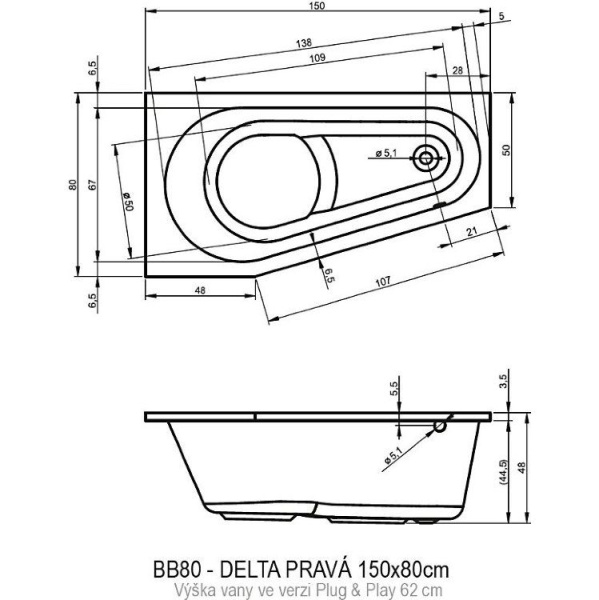 Акриловая ванна Riho Delta 150x80 R Plug&Play BD4000500000000