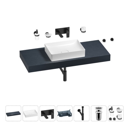 Раковина 50 см со столешницей 120 см Wellsee Pure BY Wellsee 201011342 в наборе 9 в 1: столешница, раковина, встраиваемый смеситель, сифон, выпуск, аксессуары (цвет набора матовый черный)