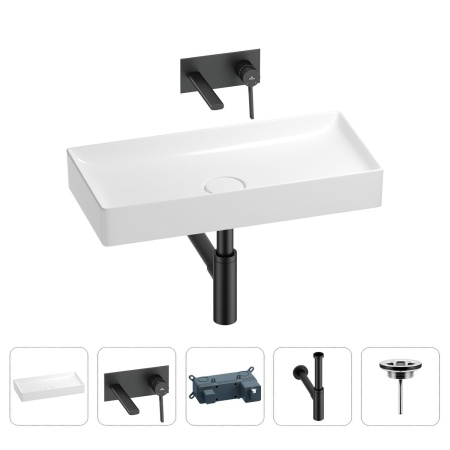 Раковина для ванной Wellsee Pure BY Wellsee 201002777 в наборе 4 в 1: раковина белого глянцевого цвета, встраиваемый смеситель, сифон, выпуск (цвет набора матовый черный)