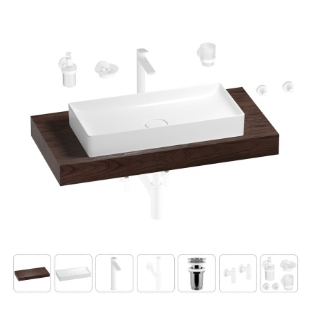 Раковина 75 см со столешницей 100 см Wellsee Pure BY Wellsee 201011615 в наборе 10 в 1: столешница, раковина, высокий смеситель, сифон, выпуск, кран-вентили, аксессуары (цвет матовый белый)
