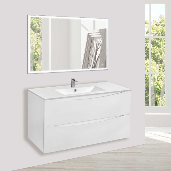 Тумба Vincea Mia 1000 подвесная, 2 выкатных ящика soft close, G.White с умывальником VBS-13100 керамическая, цвет белый