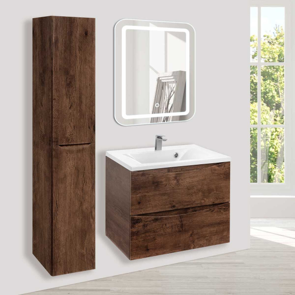 Тумба Vincea Mia 650 подвесная, 2 выкатных ящика soft close, R.Wood с умывальником VCB-3M650W из искусственного камня, цвет белый