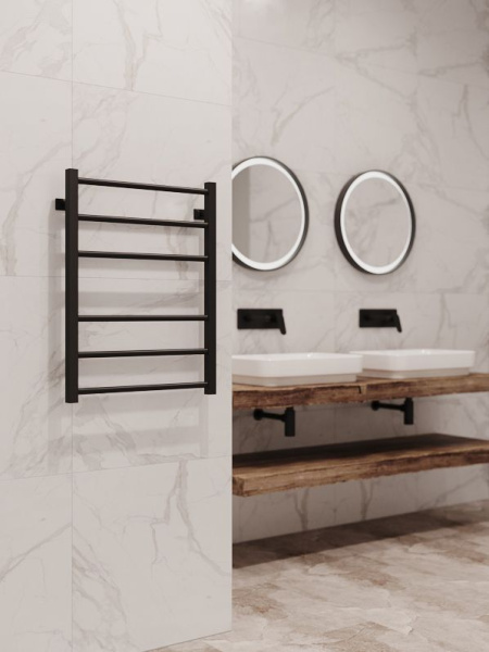 Полотенцесушитель водяной Stinox Classic 500x700, нижнее подключение, черный матовый, 1/2" ВР (внутренняя резьба), 6 перекладин