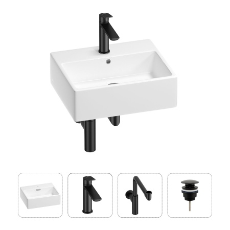 Раковина для ванной Wellsee Graceful Pro 201002942 в наборе 4 в 1: раковина белого глянцевого цвета, смеситель, сифон, донный клапан (цвет набора матовый черный)