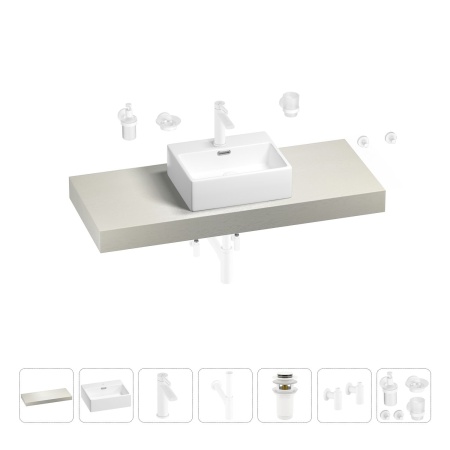 Раковина 43 см со столешницей 120 см Wellsee Graceful Pro 201012280 в наборе 10 в 1: столешница, раковина, смеситель, сифон, донный клапан, угловые вентили, аксессуары (цвет матовый белый)