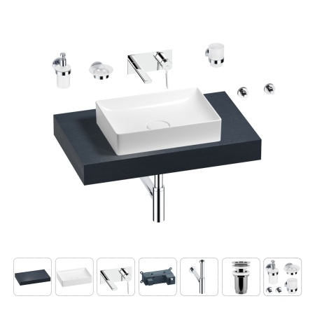 Раковина 50 см со столешницей 80 см Wellsee Pure BY Wellsee 201011106 в наборе 9 в 1: столешница, раковина, встраиваемый смеситель, сифон, выпуск, аксессуары (цвет набора хром)