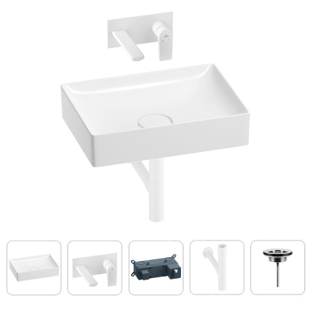 Раковина для ванной Wellsee Pure BY Wellsee 201002655 в наборе 4 в 1: раковина белого глянцевого цвета, встраиваемый смеситель, сифон, выпуск (цвет набора матовый белый)