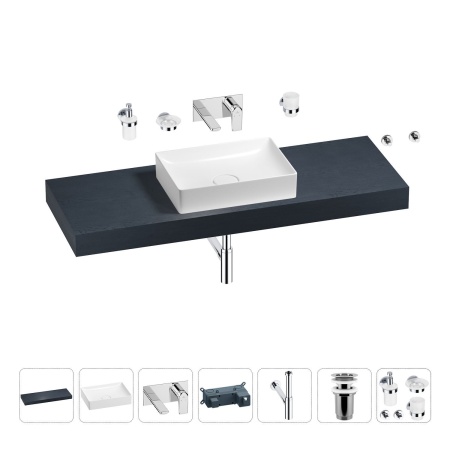 Раковина 50 см со столешницей 140 см Wellsee Pure BY Wellsee 201011461 в наборе 9 в 1: столешница, раковина, встраиваемый смеситель, сифон, выпуск, аксессуары (цвет набора хром)
