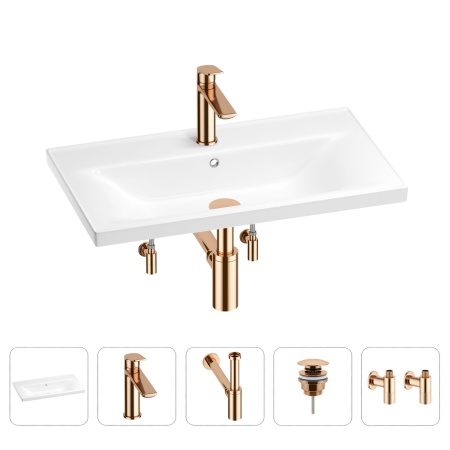Раковина для ванной Wellsee FreeDom 201004979 в наборе 5 в 1: раковина белого глянцевого цвета, смеситель, сифон, донный клапан, угловые вентили (цвет набора розовое золото)