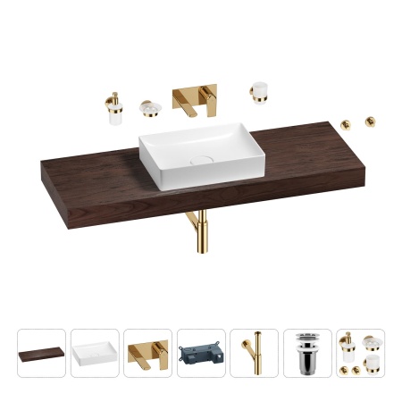 Раковина 50 см со столешницей 140 см Wellsee Pure BY Wellsee 201011503 в наборе 9 в 1: столешница, раковина, встраиваемый смеситель, сифон, выпуск, аксессуары (цвет набора золото)