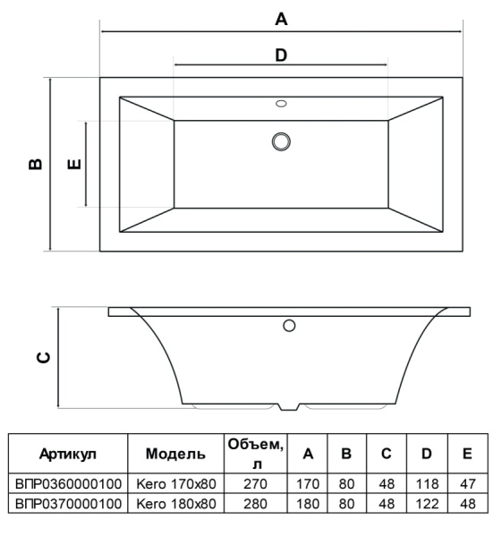 Акриловая ванна Alba Spa Kero ВПР0360000100 прямоугольная 170х80