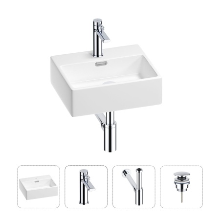 Раковина для ванной Wellsee Graceful Pro 201002856 в наборе 4 в 1: раковина белого глянцевого цвета, смеситель, сифон, донный клапан (цвет набора хром)