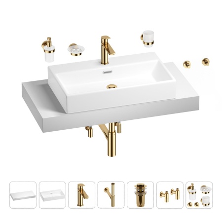 Раковина 70 см со столешницей 100 см Wellsee Graceful Pro 201012673 в наборе 10 в 1: столешница, раковина, смеситель, сифон, донный клапан, угловые вентили, аксессуары (цвет золото)