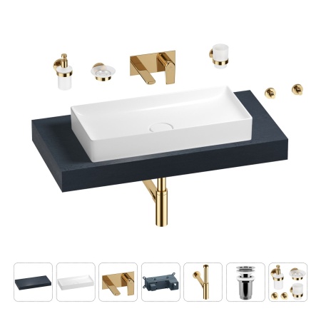 Раковина 75 см со столешницей 100 см Wellsee Pure BY Wellsee 201011583 в наборе 9 в 1: столешница, раковина, встраиваемый смеситель, сифон, выпуск, аксессуары (цвет набора золото)