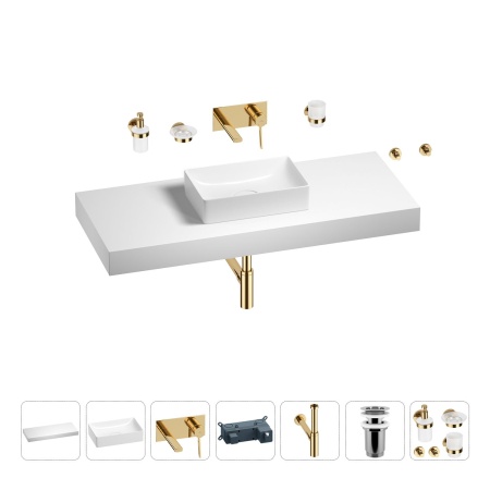 Раковина 42 см со столешницей 120 см Wellsee Pure BY Wellsee 201010963 в наборе 9 в 1: столешница, раковина, встраиваемый смеситель, сифон, выпуск, аксессуары (цвет набора золото)
