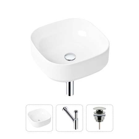 Комплект 3 в 1 Lavinia Boho Bathroom Sink 21520252: накладная фарфоровая раковина 40 см, металлический сифон, донный клапан