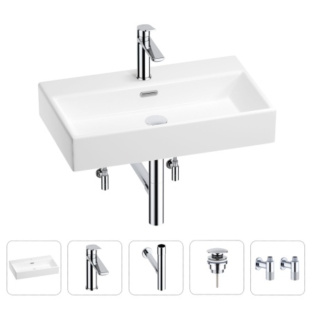 Раковина для ванной Wellsee Graceful Pro 201004646 в наборе 5 в 1: раковина белого глянцевого цвета, смеситель, сифон, донный клапан, угловые вентили (цвет набора хром)
