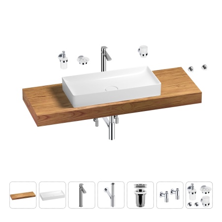 Раковина 75 см со столешницей 140 см Wellsee Pure BY Wellsee 201011831 в наборе 10 в 1: столешница, раковина, высокий смеситель, сифон, выпуск, кран-вентили, аксессуары (цвет хром)