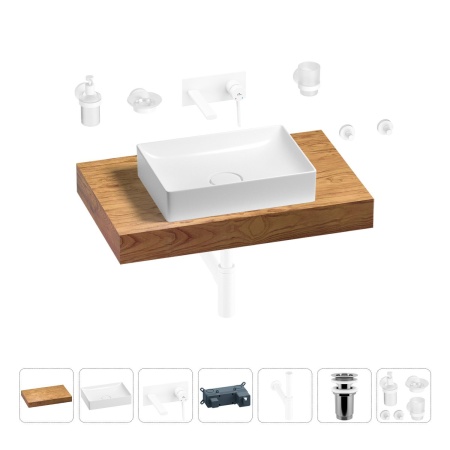 Раковина 50 см со столешницей 80 см Wellsee Pure BY Wellsee 201011130 в наборе 9 в 1: столешница, раковина, встраиваемый смеситель, сифон, выпуск, аксессуары (цвет набора матовый белый)