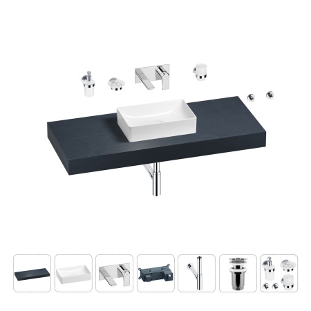 Раковина 42 см со столешницей 120 см Wellsee Pure BY Wellsee 201010911 в наборе 9 в 1: столешница, раковина, встраиваемый смеситель, сифон, выпуск, аксессуары (цвет набора хром)
