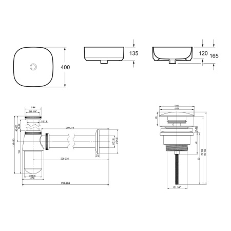 Комплект 3 в 1 Lavinia Boho Bathroom Sink 21520220: накладная фарфоровая раковина 40 см, металлический сифон, донный клапан