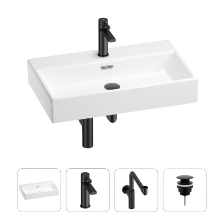 Раковина для ванной Wellsee Graceful Pro 201002997 в наборе 4 в 1: раковина белого глянцевого цвета, смеситель, сифон, донный клапан (цвет набора матовый черный)