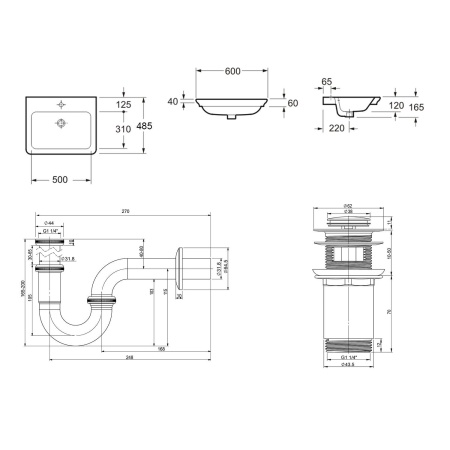 Комплект 3 в 1 Lavinia Boho Bathroom Sink 21520379: врезная фарфоровая раковина 60 см, металлический сифон, донный клапан