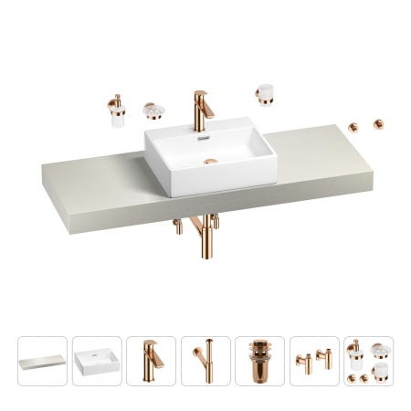 Раковина 50 см со столешницей 140 см Wellsee Graceful Pro 201012574 в наборе 10 в 1: столешница, раковина, смеситель, сифон, донный клапан, угловые вентили, аксессуары (цвет розовое золото)