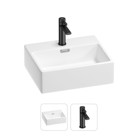 Раковина для ванной Wellsee Graceful Pro 201000782 в наборе 2 в 1: прямоугольная раковина белого глянцевого цвета, смеситель в цвете матовый черный