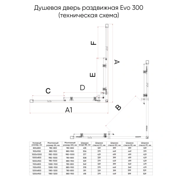 Душевой угол Veconi Evo 300 B, 1000х1000x1950, черный матовый, тонированное матовое стекло