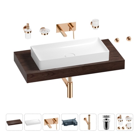 Раковина 75 см со столешницей 100 см Wellsee Pure BY Wellsee 201011629 в наборе 9 в 1: столешница, раковина, встраиваемый смеситель, сифон, выпуск, аксессуары (цвет набора розовое золото)