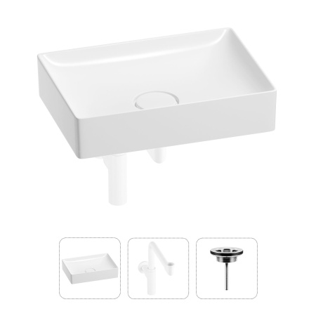 Раковина для ванной Wellsee Pure BY Wellsee 201001250 в наборе 3 в 1: прямоугольная раковина белого глянцевого цвета, сифон, выпуск в цвете матовый белый