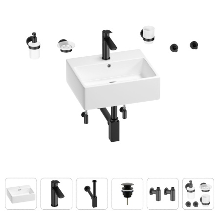 Раковина для ванной Wellsee Graceful Pro 201006662 в наборе 9 в 1: раковина белого глянцевого цвета, смеситель, сифон, донный клапан, угловые вентили, аксессуары (цвет набора матовый черный)