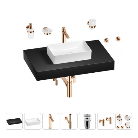 Раковина 42 см со столешницей 80 см Wellsee Pure BY Wellsee 201010789 в наборе 10 в 1: столешница, раковина, высокий смеситель, сифон, выпуск, кран-вентили, аксессуары (цвет розовое золото)