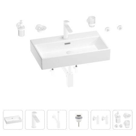 Раковина для ванной Wellsee Graceful Pro 201006715 в наборе 9 в 1: раковина белого глянцевого цвета, смеситель, сифон, донный клапан, угловые вентили, аксессуары (цвет набора матовый белый)