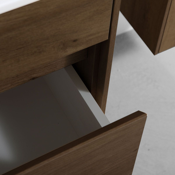 Тумба Vincea Chiara 600 подвесная, 1 выкатной ящик soft-close, T.Oak с умывальником VCB-13600G из кварца, цвет серый