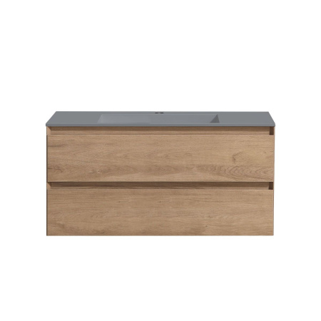 Тумба Vincea Luka 1000 подвесная, 2 выкатных ящика soft-close, N.Oak с умывальником VCB-13100G из кварца, цвет серый