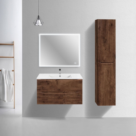 Тумба Vincea Mia Slim 900 подвесная, 2 выкатных ящика soft close, R.Wood с умывальником VBS-13990S1 керамическая, цвет белый