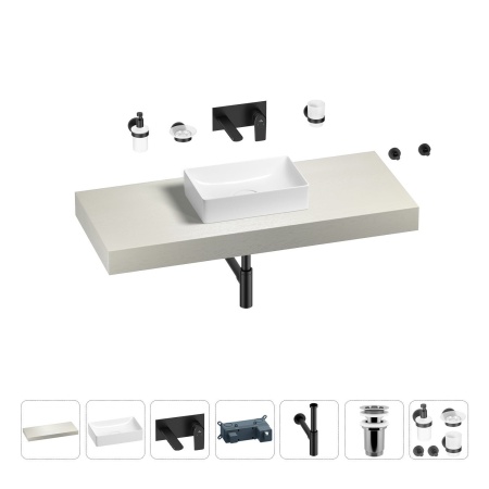Раковина 42 см со столешницей 120 см Wellsee Pure BY Wellsee 201010897 в наборе 9 в 1: столешница, раковина, встраиваемый смеситель, сифон, выпуск, аксессуары (цвет набора матовый черный)