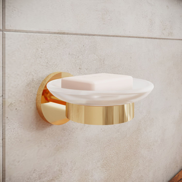 Стеклянная мыльница с латунным настенным держателем Wellsee Finishing Touch 182503000 (цвет мыльницы матовый, цвет держателя золотой). Для применения в ванной комнате и кухне