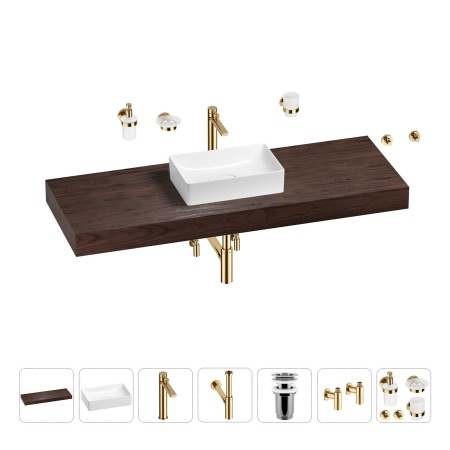 Раковина 42 см со столешницей 140 см Wellsee Pure BY Wellsee 201011028 в наборе 10 в 1: столешница, раковина, высокий смеситель, сифон, выпуск, кран-вентили, аксессуары (цвет золото)