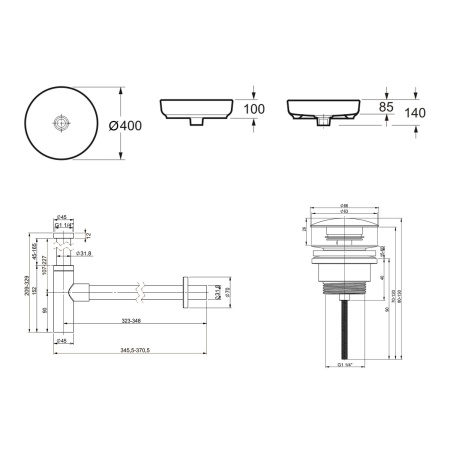 Комплект 3 в 1 Lavinia Boho Bathroom Sink 21520202: накладная фарфоровая раковина 40 см, металлический сифон, донный клапан