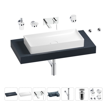 Раковина 75 см со столешницей 100 см Wellsee Pure BY Wellsee 201011586 в наборе 9 в 1: столешница, раковина, встраиваемый смеситель, сифон, выпуск, аксессуары (цвет набора хром)