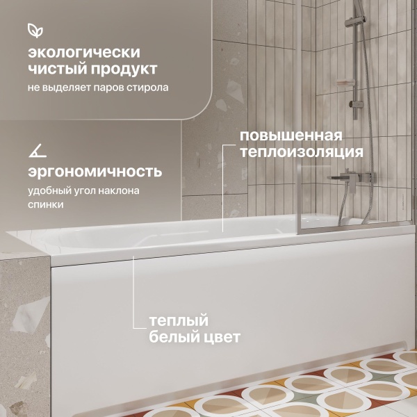 Акриловая ванна STWORKI Хальмстад 170x75 см, пристенная, белая, на ножках
