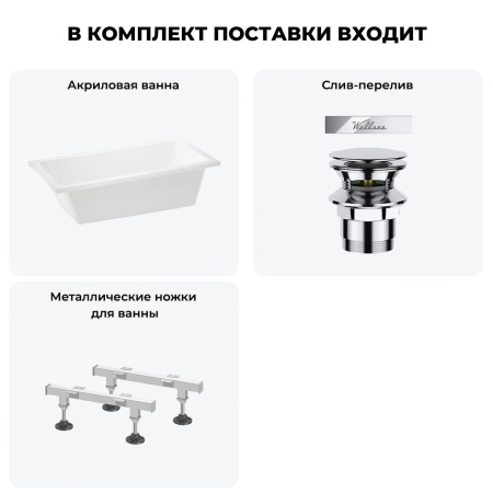 Акриловая ванна в наборе 3 в 1: встраиваемая ванна, слив-перелив, ножки Wellsee FreeDom 2.0 20212794R