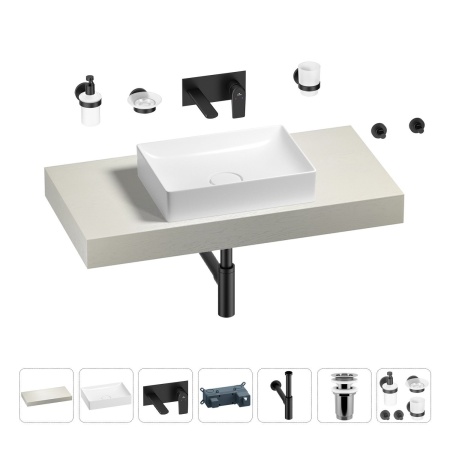 Раковина 50 см со столешницей 100 см Wellsee Pure BY Wellsee 201011202 в наборе 9 в 1: столешница, раковина, встраиваемый смеситель, сифон, выпуск, аксессуары (цвет набора матовый черный)