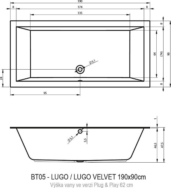 Акриловая ванна Riho Lugo Plug&Play 190х90 R BD6900500000000