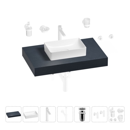 Раковина 42 см со столешницей 80 см Wellsee Pure BY Wellsee 201010730 в наборе 10 в 1: столешница, раковина, высокий смеситель, сифон, выпуск, кран-вентили, аксессуары (цвет матовый белый)